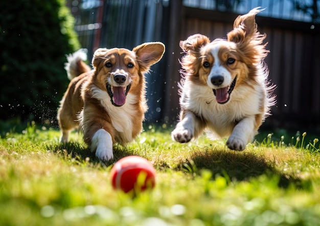 Zdjęcie dwa walijskie psy corgi bawiące się piłką w ogrodzie