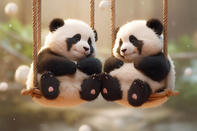 Dwa wypchane misie pandy siedzą na huśtawce w generatywnym zoo