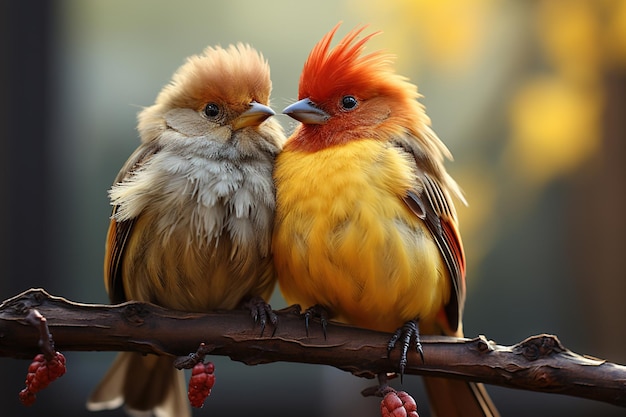 Dwa zabawne ptaki siedzące na gałęzi idea miłości i przyjaźni AI pokolenia