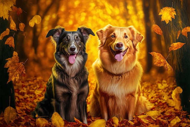 Dwa zadowolone psy w lesie spadających liści