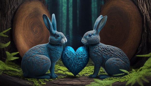 Dwa zakochane króliki trzymające drewniane serce w przyrodzie