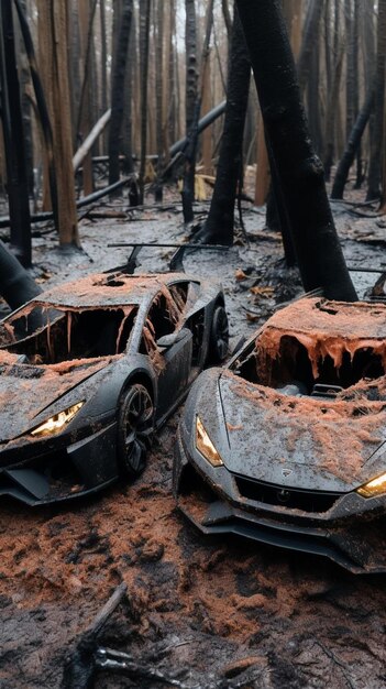 Dwa zniszczone jagnięta w spalonym lesie.