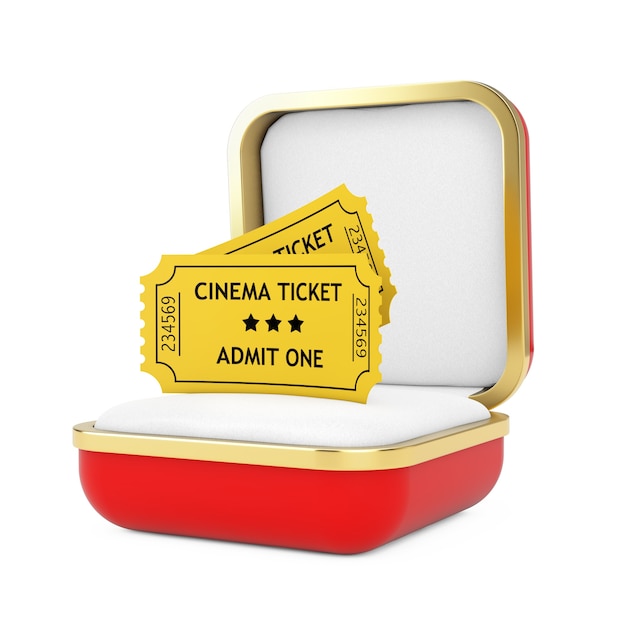 Dwa żółte bilety do kina w czerwonym pudełku na białym tle. Renderowanie 3D