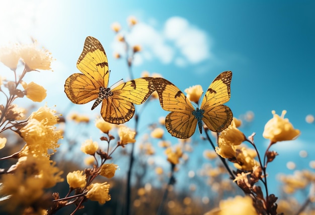 dwa żółte motyle ze światłem słonecznym na trawie w stylu jasnego szmaragdowego oświetlenia highkey