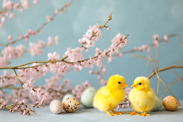 Dwa żółte pisklęta stoją wśród różowych kwiatów i plamkowych jaj, symbolizujących wiosnę i nowe życie.