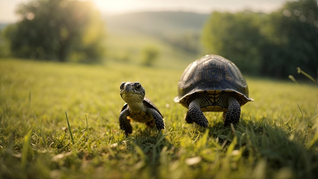 Dwa żółwie biegające w wyścigu łaska z pięknym trawą tła uroczy żółw pracujący powoli