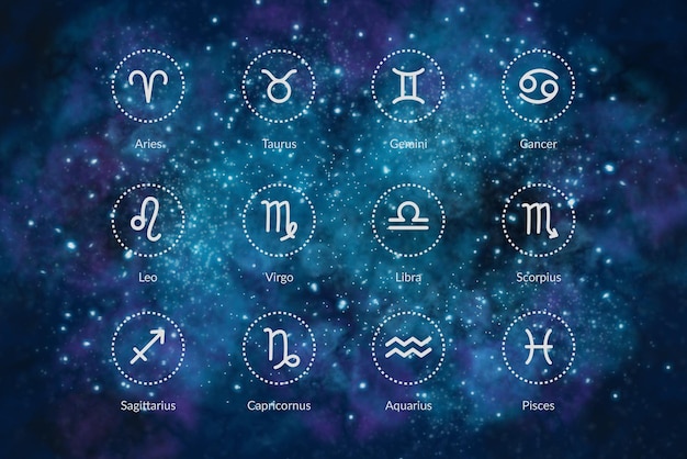 Dwanaście znaków zodiaku na tle kosmosu. Starożytna tajemna nauka astrologii. Wiedza ezoteryczna.