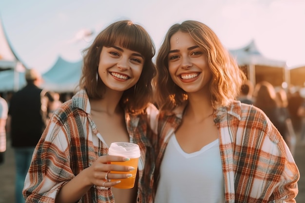 Dwie amerykańskie dziewczyny piją piwo i bawią się razem na imprezie na plaży Szczęśliwa dziewczyna bawi się na festiwalu muzycznym