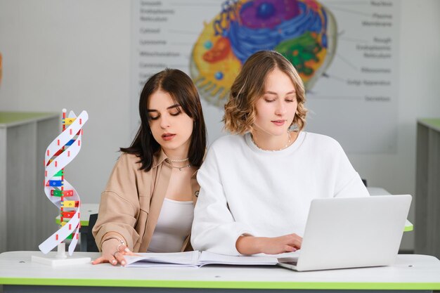 Dwie atrakcyjne uczennice liceum siedzą przy biurku z laptopem i notatnikiem Mapa spirali DNA na tle wyglądają na skoncentrowane i studiują