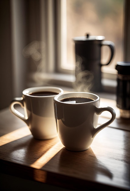 Dwie białe filiżanki kawy na stole z oknem w tle
