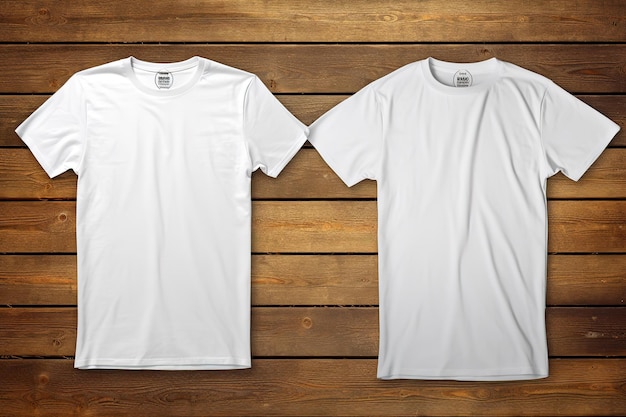 dwie białe koszulki na drewnianym tle do makiety twoich projektów