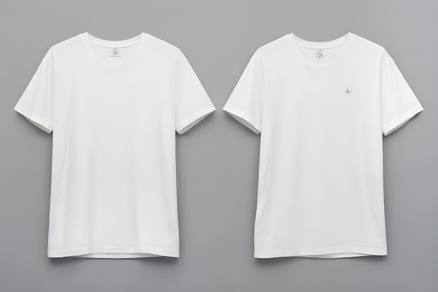 Zdjęcie dwie białe koszulki umieszczone obok siebie na szarym tle