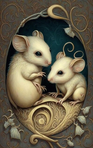 dwie białe myszy siedzące na dziele sztuki generatywnej AI