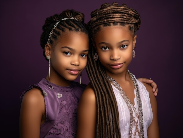 dwie blade, urocze afrykańskie dziewczyny z długimi włosami, ubrane w modne stroje, pozujące obok siebie z jednym ramieniem