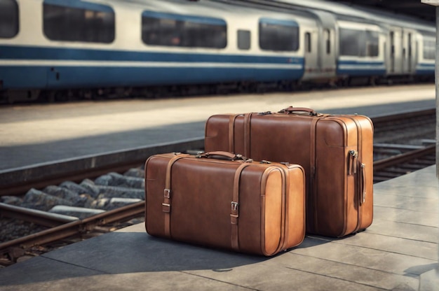 Dwie brązowe walizki na podłodze na stacji kolejowej Koncepcja podróży Generacyjna sztuczna inteligencja