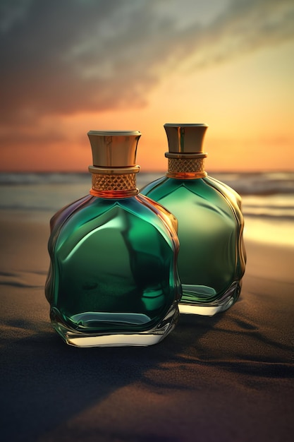 Dwie butelki perfum leżą na plaży z zachodem słońca w tle
