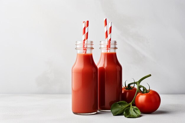 Dwie butelki soku pomidorowego z słomką w środku.