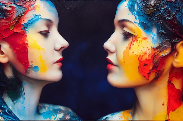 dwie całujące się kobiety skąpane w obrazie olejnym cyfrowa ilustracja