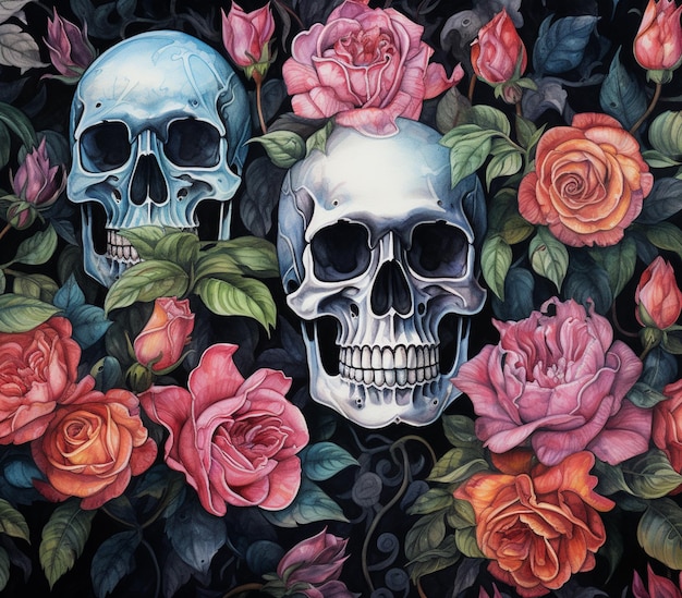 Dwie czaszki i róże na czarnym tle.
