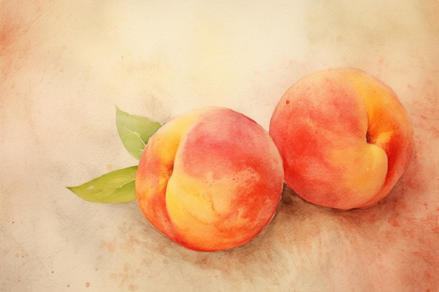 Zdjęcie dwie dojrzałe brzoskwinie na drewnianym stole, idealne do wzorów związanych z jedzeniem
