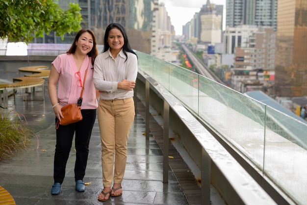 Dwie dojrzałe kobiety azjatyckie razem przed widokiem na miasto
