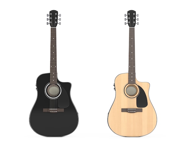 Dwie drewniane gitary akustyczne na białym tle. Renderowanie 3D