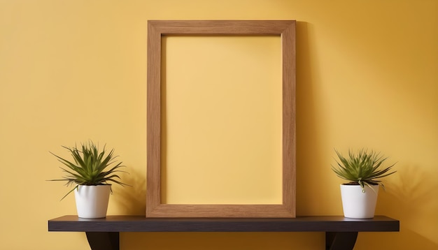 Dwie drewniane ramki fotograficzne na półce w wnętrzu salonu na pustej ścianie