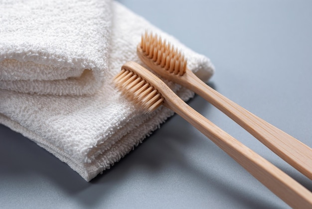 Zdjęcie dwie drewniane szczoteczki do zębów i białe ręczniki na szarym tle