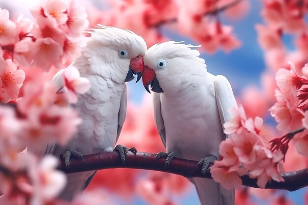 Zdjęcie dwie duże białe papugi-ara siedzą na gałęzi kwiatów sakury.