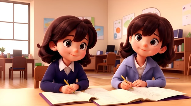 Dwie dziewczynki studiują uroczą postać z kreskówki 3d Anime girl AI generatywną ilustrację