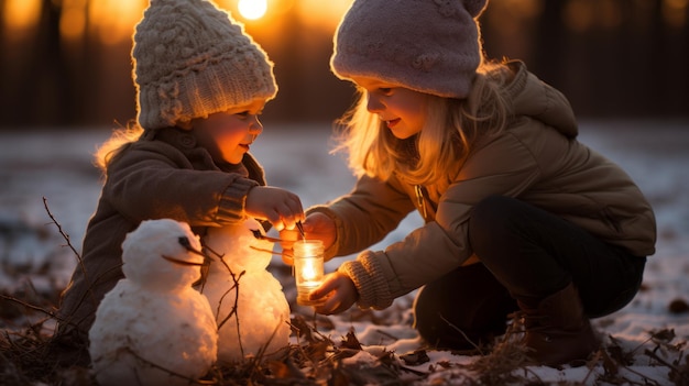 Zdjęcie dwie dziewczyny bawiące się w robienie śnieżaków cieszące się świętami i wigilią