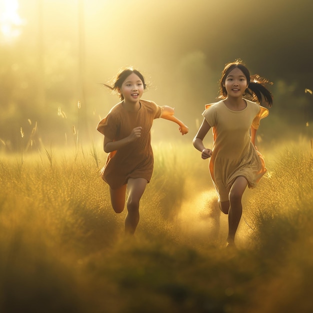 Dwie dziewczyny biegnące przez pole, na które świeci słońce.