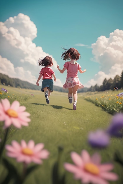 Dwie dziewczyny biegnące ścieżką z polem kwiatów w tle
