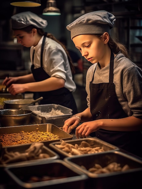 Dwie dziewczyny gotują w restauracji z jedzeniem.