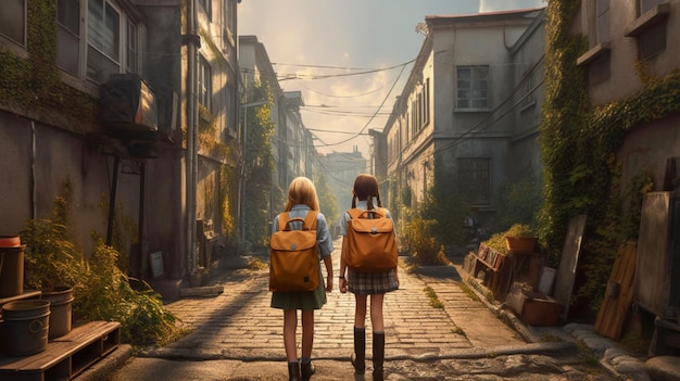 Dwie dziewczyny idące ulicą z budynkiem w tle