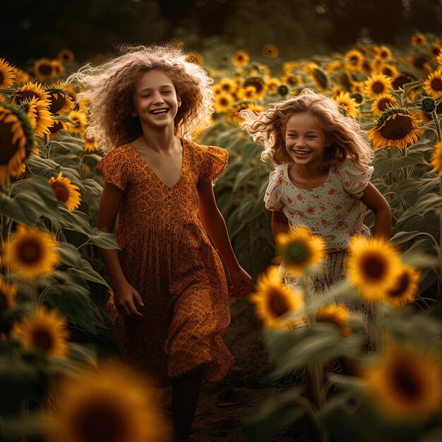 Zdjęcie dwie dziewczyny na polu słoneczników, jedna z nich ma wzór kwiatowy.