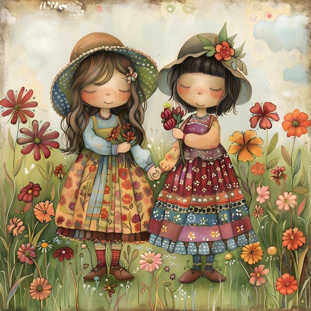 Zdjęcie dwie dziewczyny na polu z kwiatami i dziewczyna z kwiatem w ręku