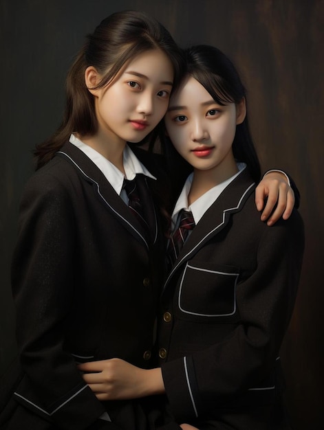 Dwie dziewczyny pozują na zdjęcie z jedną w kurtce z napisem "szkolka".