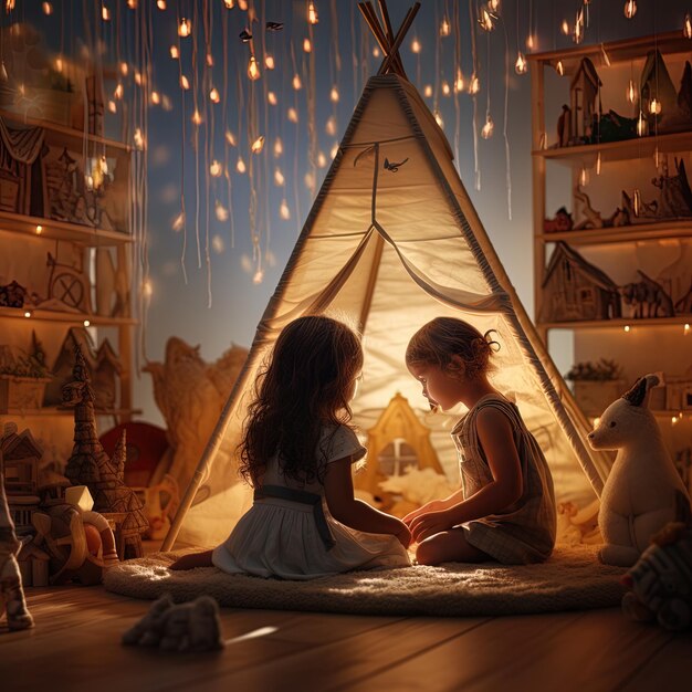 Dwie dziewczyny siedzą w namiocie z światłami wiszącymi od sufitu.