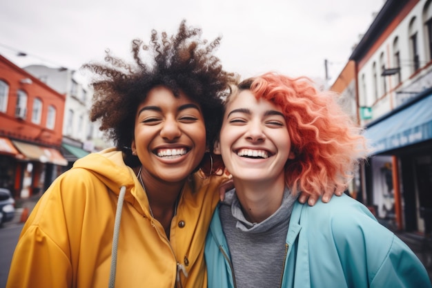 Zdjęcie dwie dziewczyny śmieją się szczęśliwie, obejmując się na ulicy.