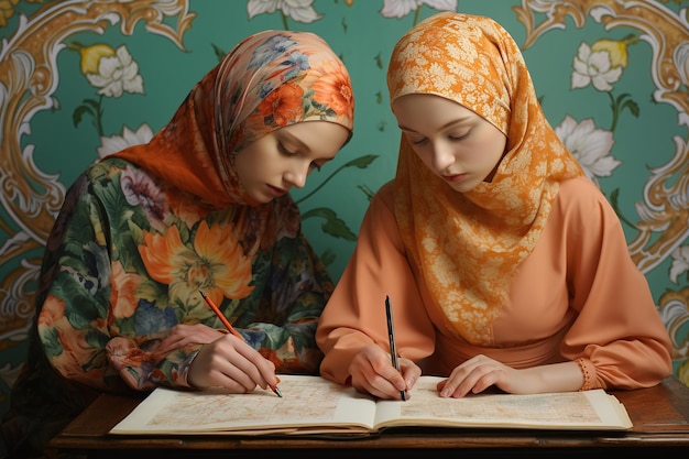 dwie dziewczyny w hidżabach studiują koran w stylu różnych kulturowo elementów jasnopomarańczowych