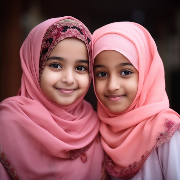 Dwie dziewczyny w hidżabie i różowej chustce