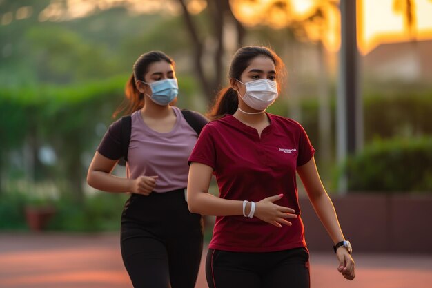 Dwie dziewczyny w maskach na twarz biegną ulicą.