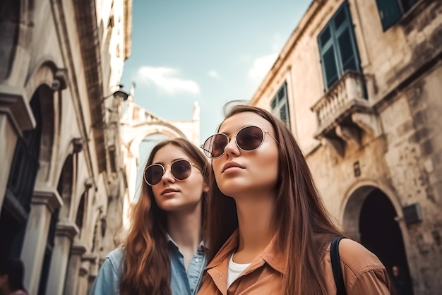 Dwie dziewczyny w okularach idą ulicą średniowiecznego miasta Generative AI