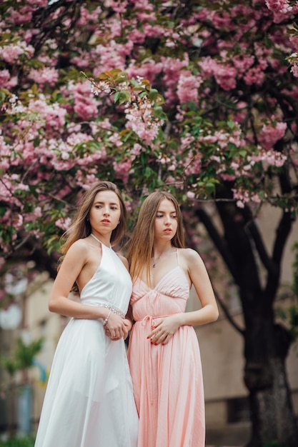 Dwie dziewczyny w pobliżu kwitnącego drzewa. Na przykład portret młodej pięknej modnej damy