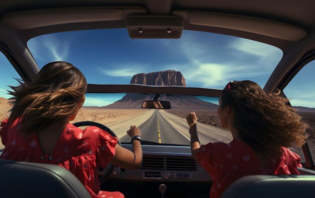 Zdjęcie dwie dziewczyny w samochodzie z podniesionymi rękami podczas jazdy latem
