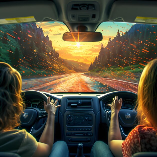 Dwie dziewczyny w samochodzie z rękami w górze jeżdżące latem