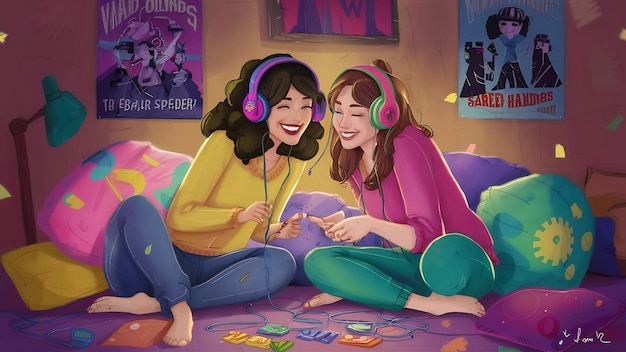 Dwie dziewczyny w słuchawkach bawiące się w domu