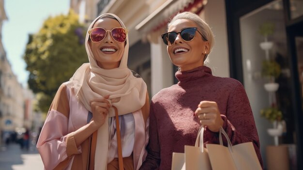 Dwie eleganckie muzułmańskie przyjaciółki robią zakupy na zewnątrz, nosząc okulary przeciwsłoneczne i papierowe torebki Generative Ai