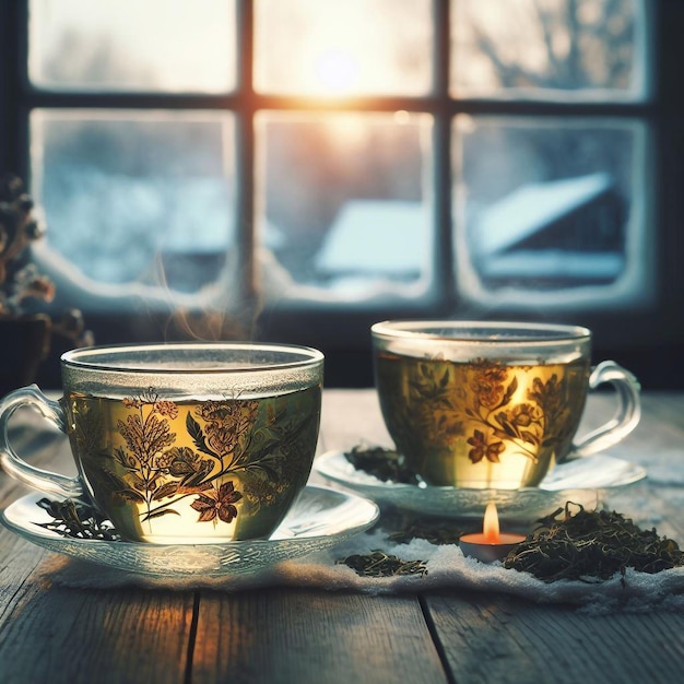 Dwie filiżanki herbaty przed zimowymi oknami.